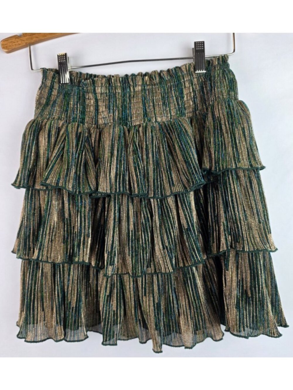 Fanco Women's Skirt Size Small Green Gold Metallic Shimmer Tiered Elastic Waist